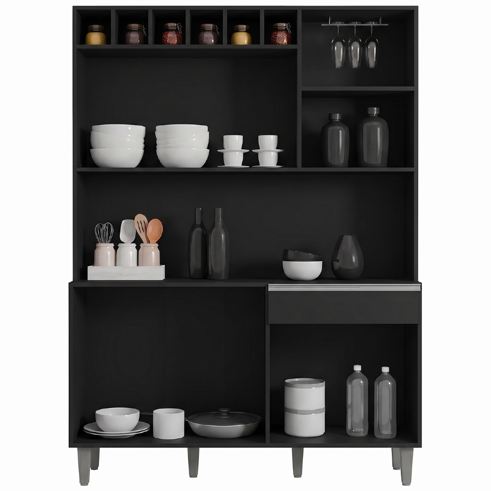Kit Cozinha Compacta 130cm Com 6 Portas 1 Gaveta Alice Preto Fosco - AJL Móveis