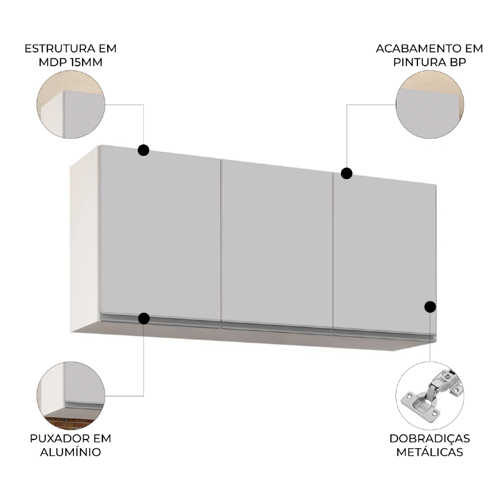 Armário de Cozinha Aéreo 120cm 3 Portas Virgínia Branco - Lumil 