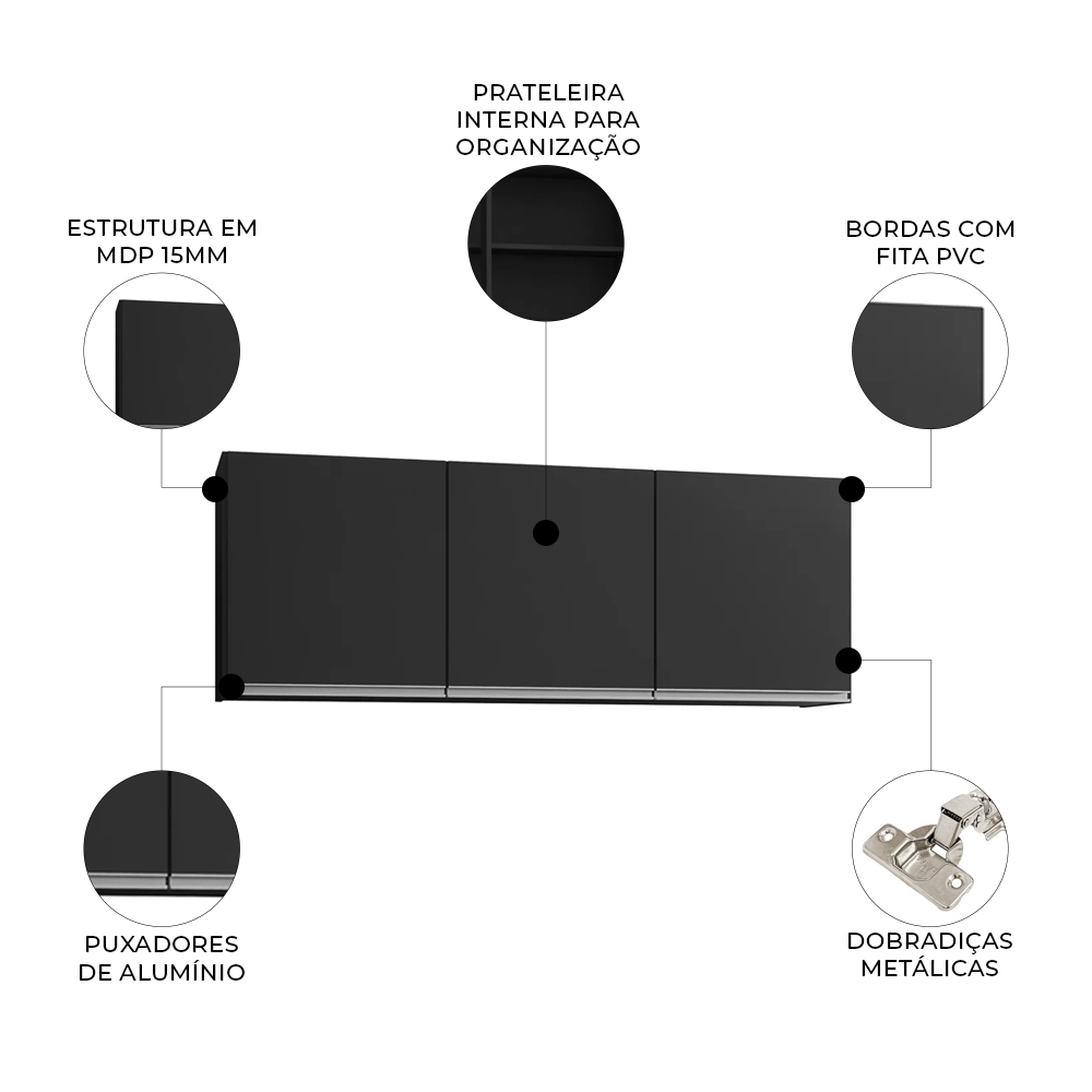 Armário Aéreo de Cozinha 150cm 3 Portas Argélia Preto - Lumil
