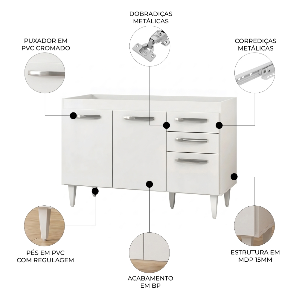 Balcão Gabinete 120cm Suécia sem Tampo 3 Portas 2 Gavetas Branco - Lumil Móveis