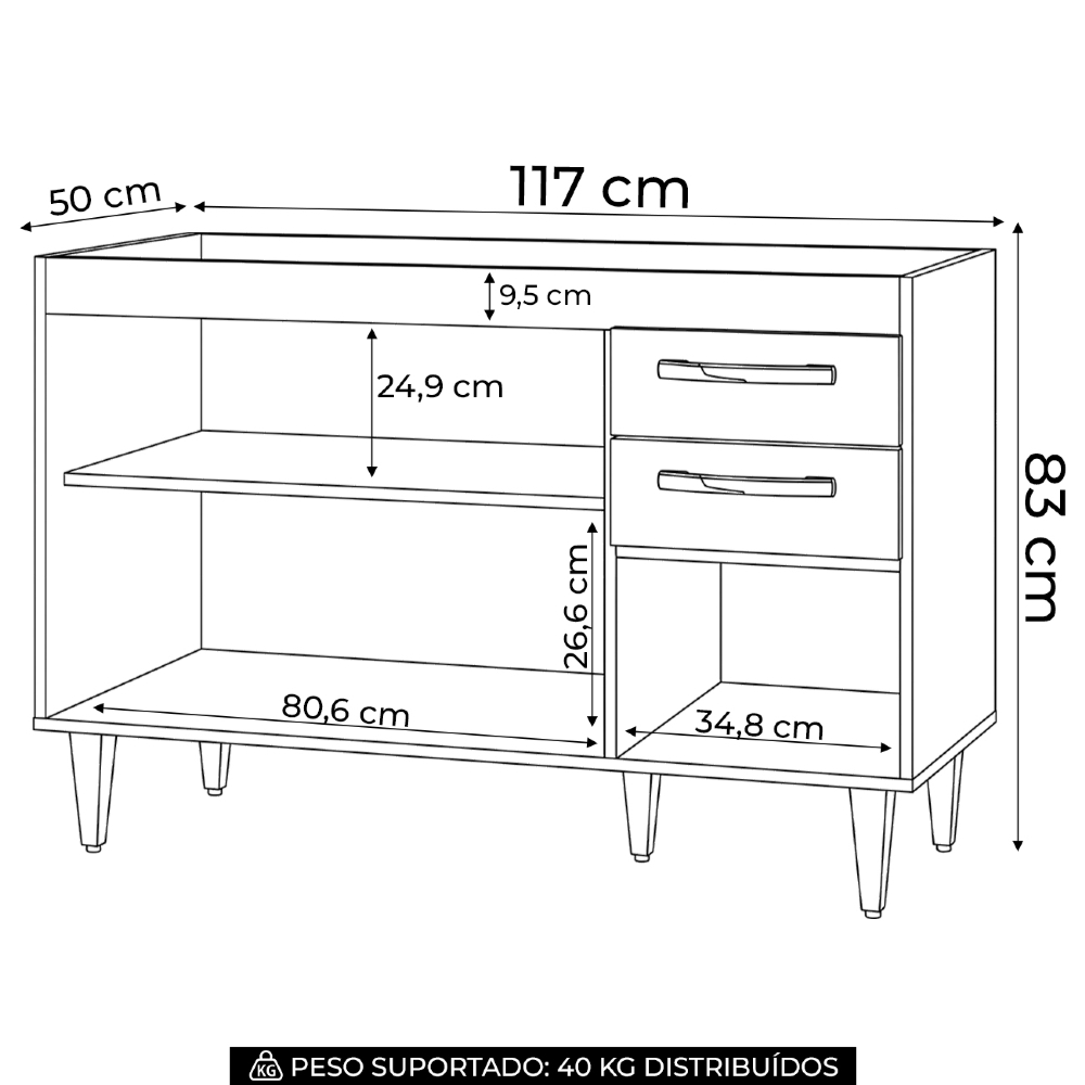 Balcão Gabinete 120cm Suécia sem Tampo 3 Portas 2 Gavetas Branco - Lumil Móveis