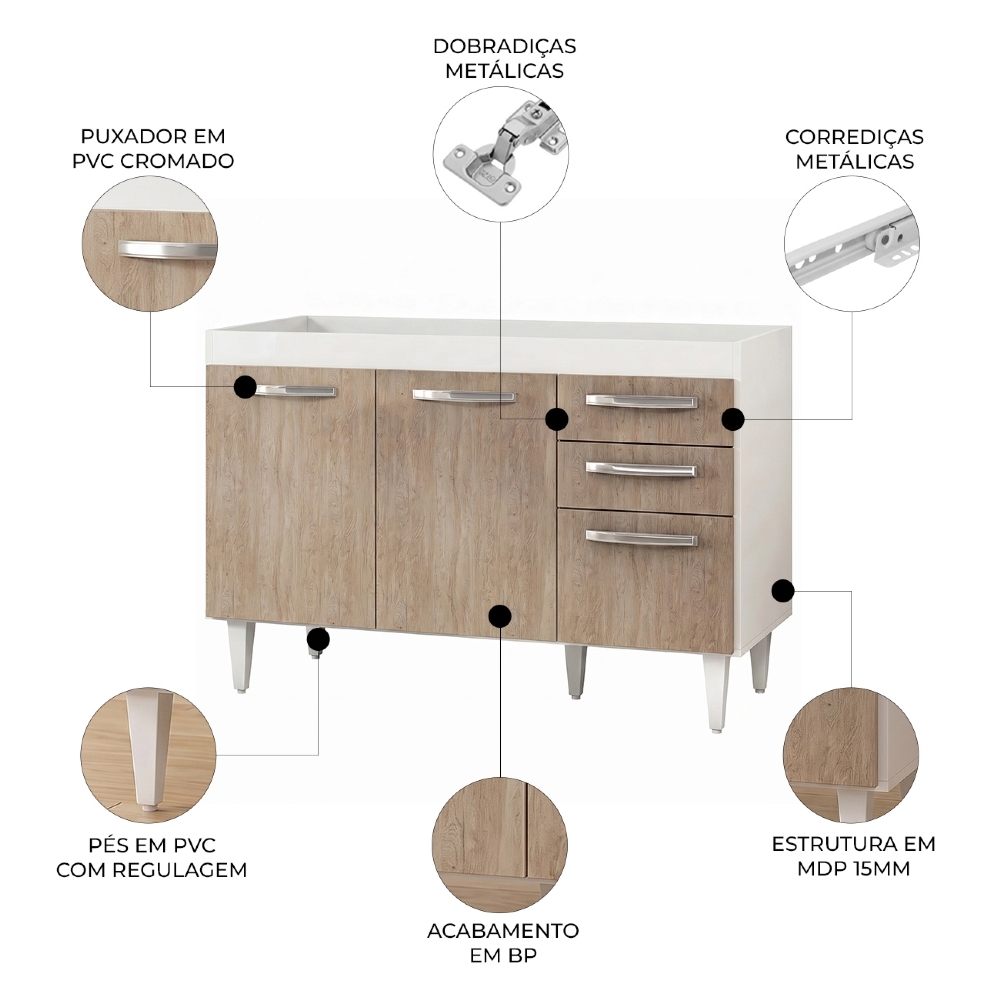 Balcão Gabinete Para Pia 120cm Suécia sem Tampo 3 Portas 2 Gavetas Branco/Castanho - Lumil Móveis