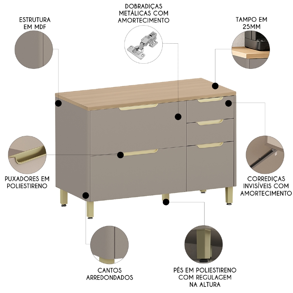 Balcão de Cozinha Com Tampo 120cm Marina Cinammon/Freijó L01 - Mpozenato