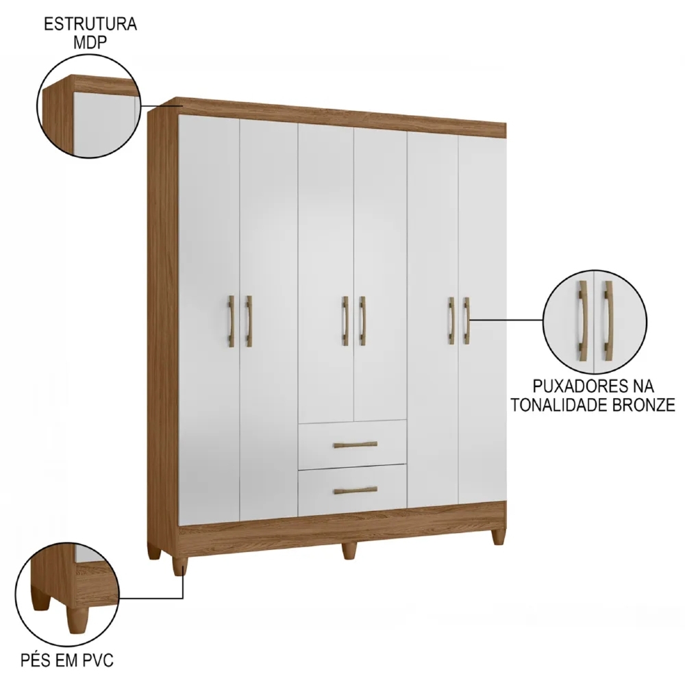 Guarda Roupa Casal 6 Portas 2 Gavetas 153cm Paraná Z17 Naturale/Branco - Mpozenato