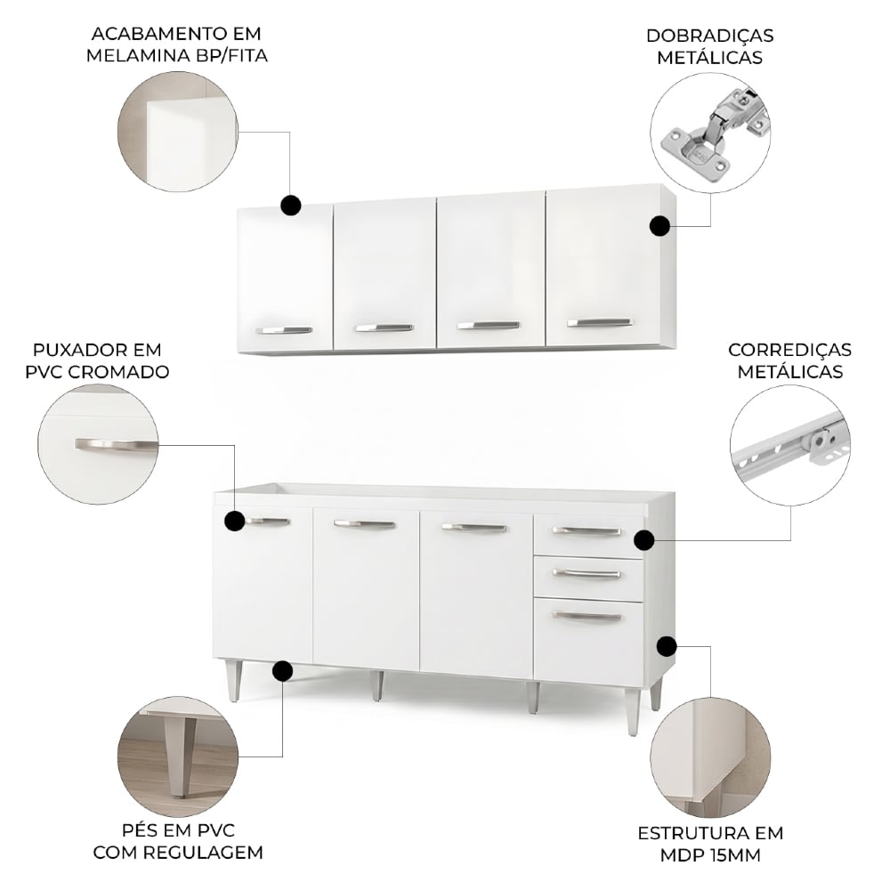 Armário Aéreo Panamá e Balcão Gabinete Áustria 160cm Branco - Lumil Móveis