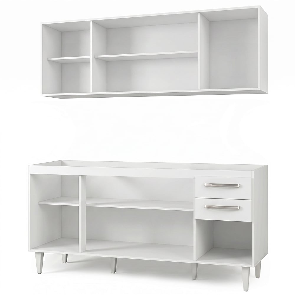 Armário Aéreo Panamá e Balcão Gabinete Áustria 160cm Branco - Lumil Móveis