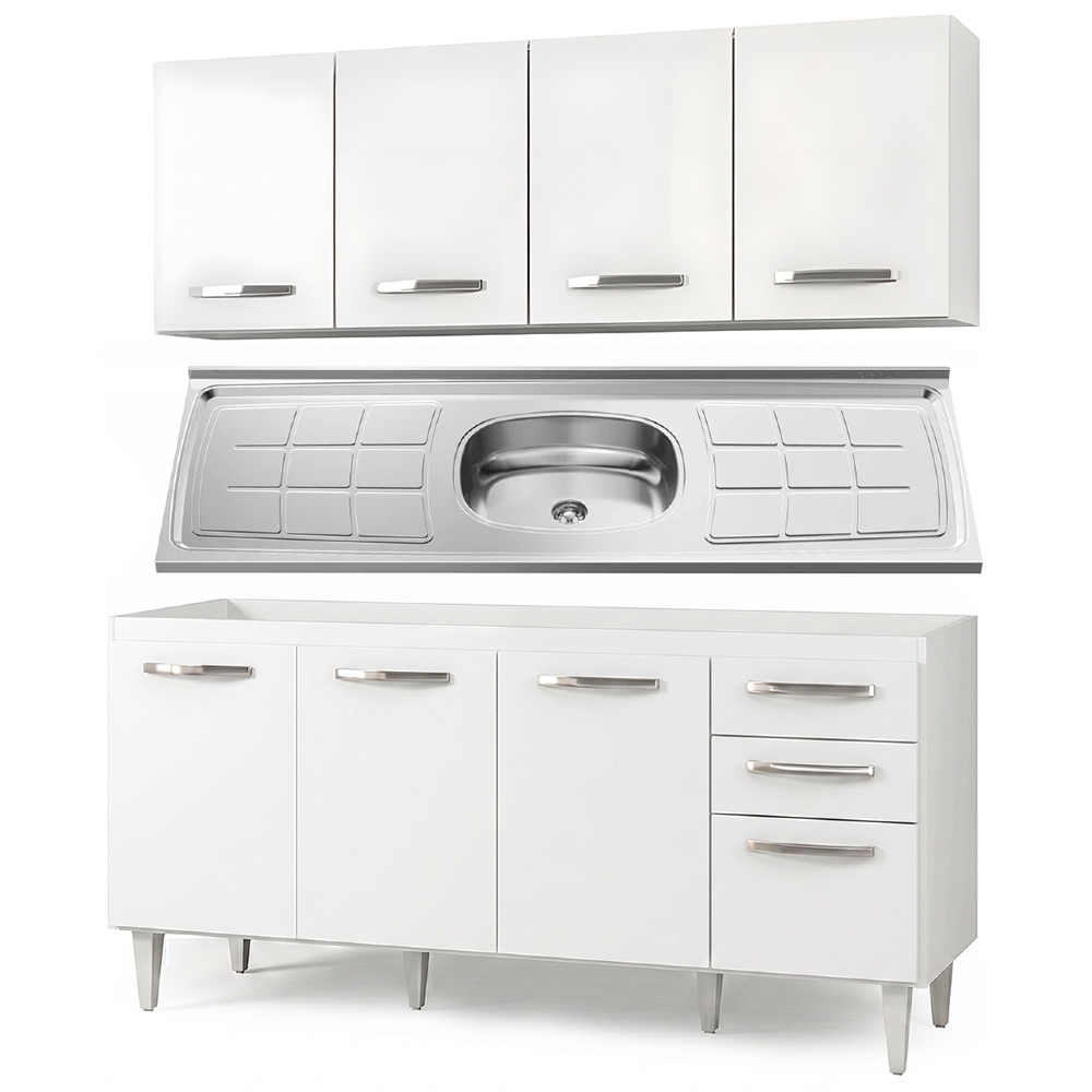Armário Aéreo Panamá e Balcão Gabinete Áustria com Pia Inox 160cm Branco - Lumil Móveis
