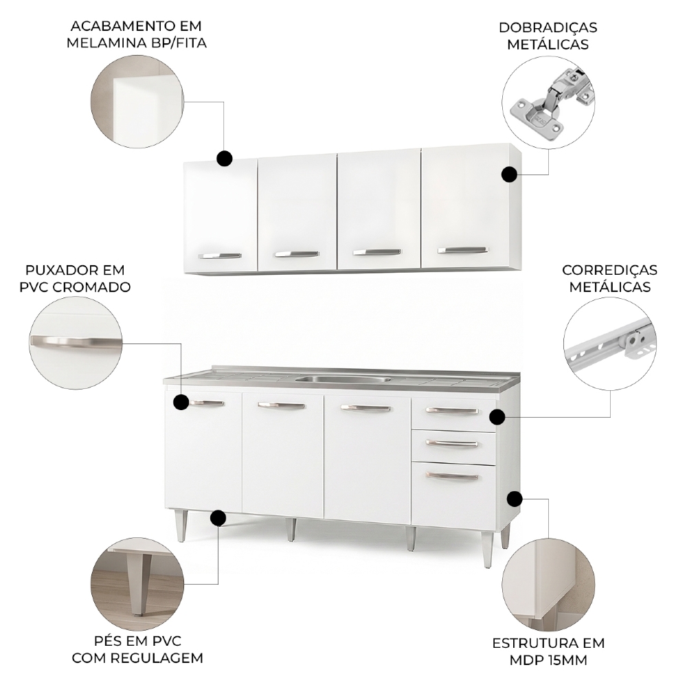 Armário Aéreo Panamá e Balcão Gabinete Áustria com Pia Inox 160cm Branco - Lumil Móveis
