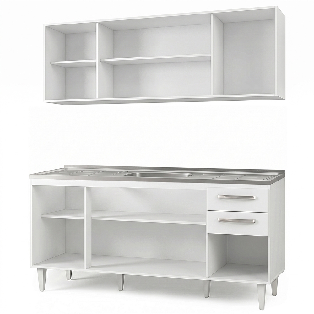 Armário Aéreo Panamá e Balcão Gabinete Áustria com Pia Inox 160cm Branco - Lumil Móveis