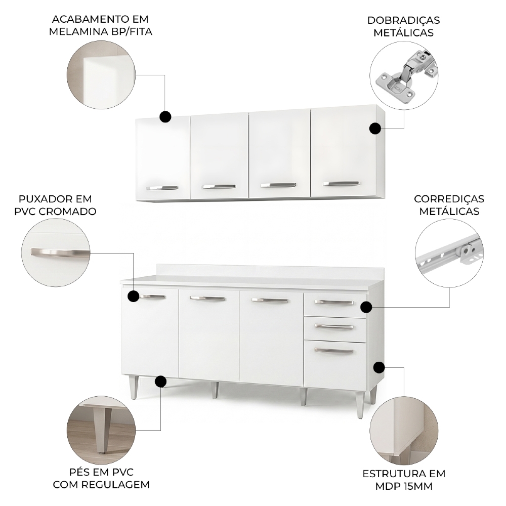 Armário Aéreo Panamá e Balcão Gabinete 160cm com Tampo Áustria Branco - Lumil