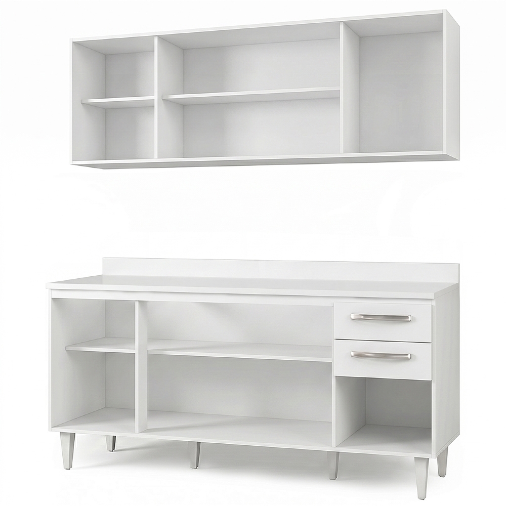 Armário Aéreo Panamá e Balcão Gabinete 160cm com Tampo Áustria Branco - Lumil