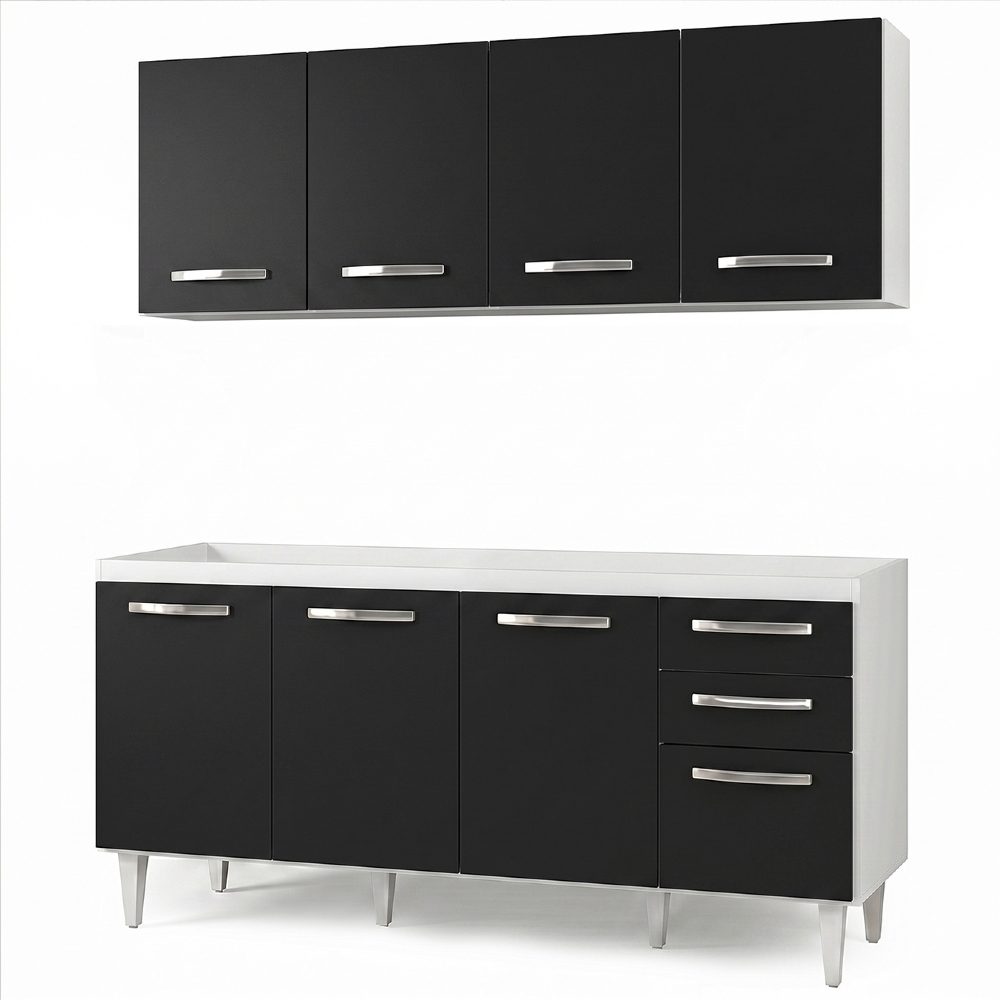 Armário Aéreo Panamá e Balcão Gabinete Para Pia 160cm Áustria sem Tampo Branco/Preto - Lumil Móveis