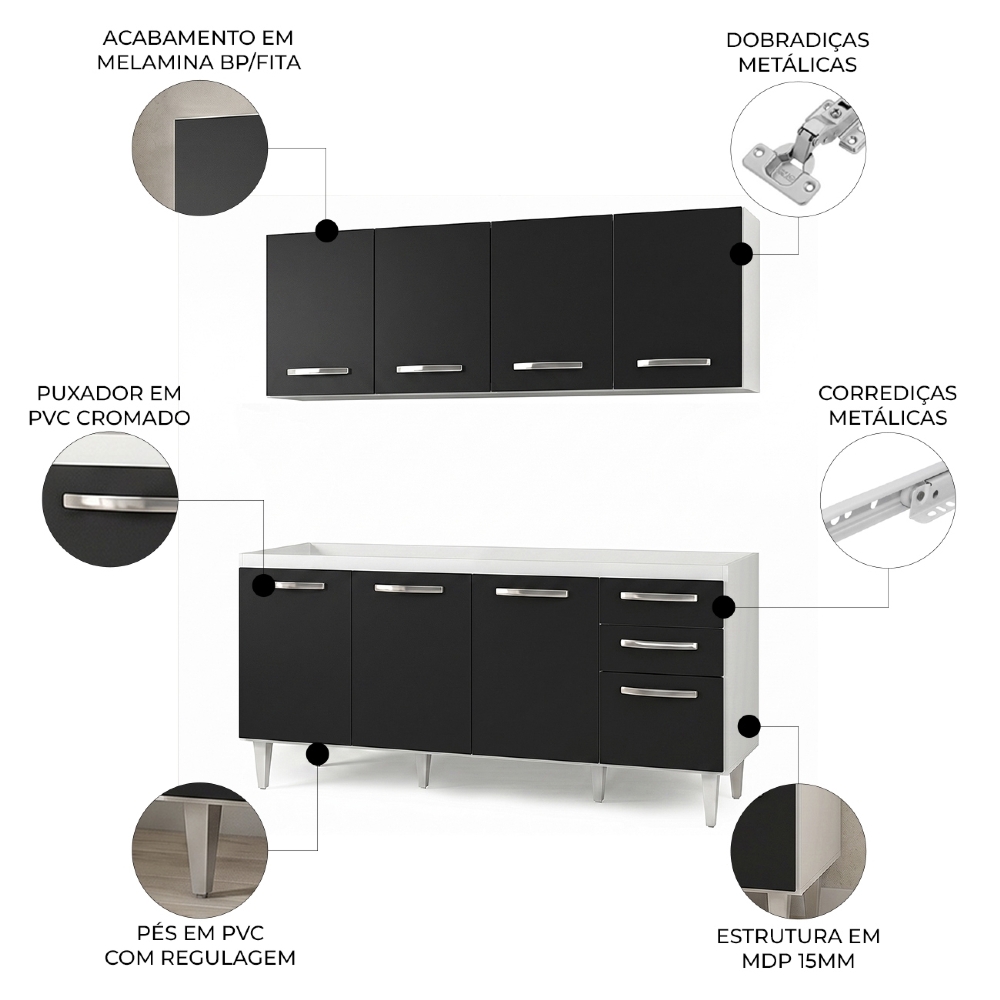 Armário Aéreo Panamá e Balcão Gabinete Para Pia 160cm Áustria sem Tampo Branco/Preto - Lumil Móveis