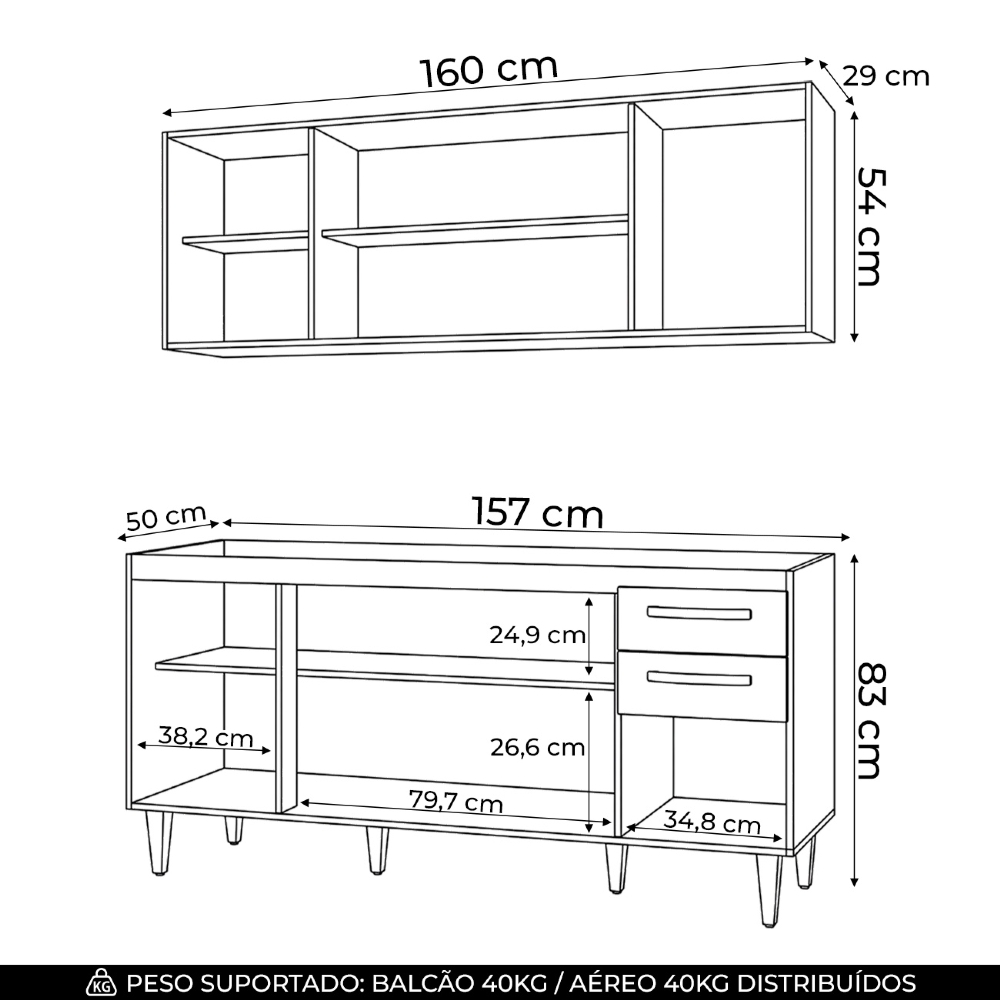 Armário Aéreo Panamá e Balcão Gabinete Para Pia 160cm Áustria sem Tampo Branco/Preto - Lumil Móveis