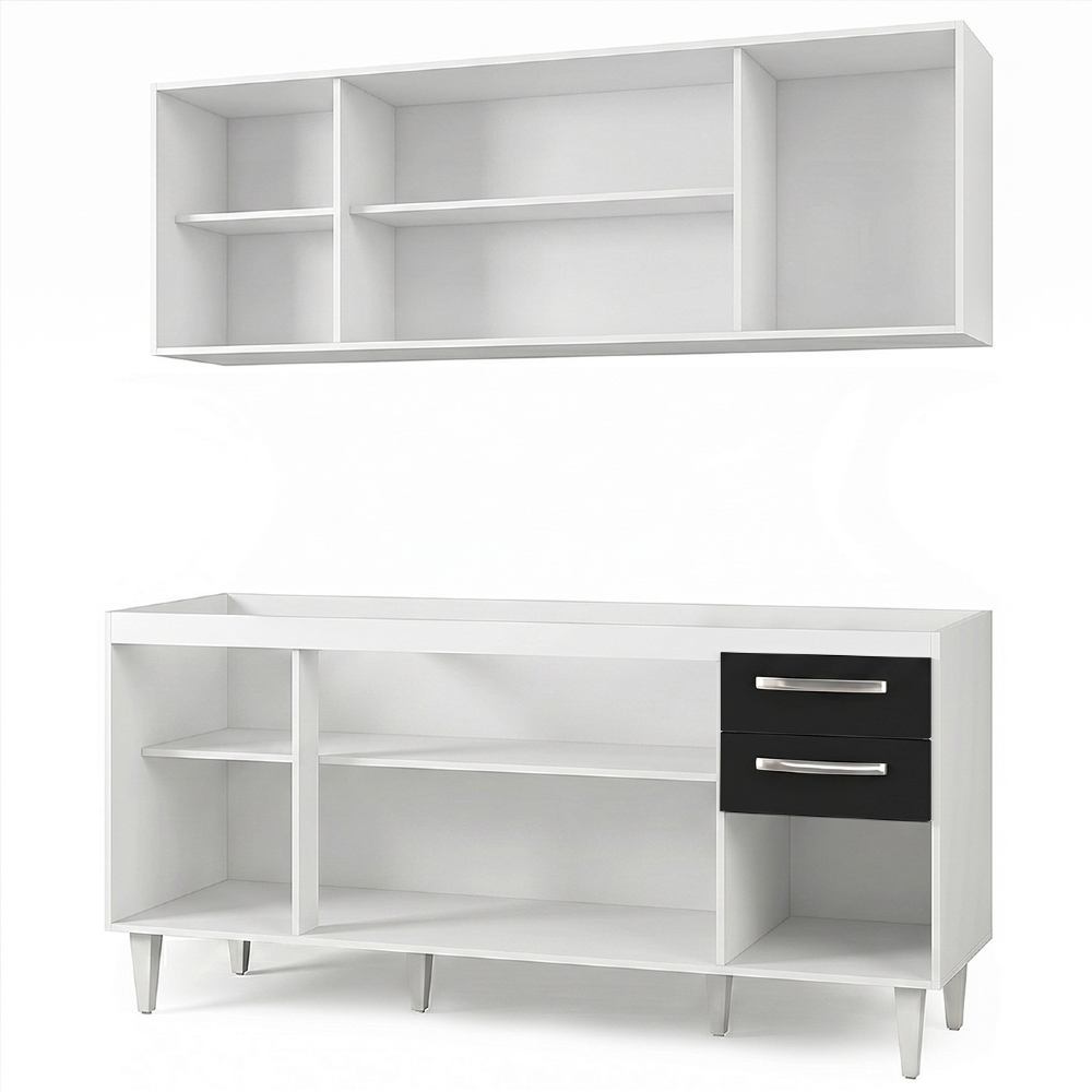 Armário Aéreo Panamá e Balcão Gabinete Para Pia 160cm Áustria sem Tampo Branco/Preto - Lumil Móveis