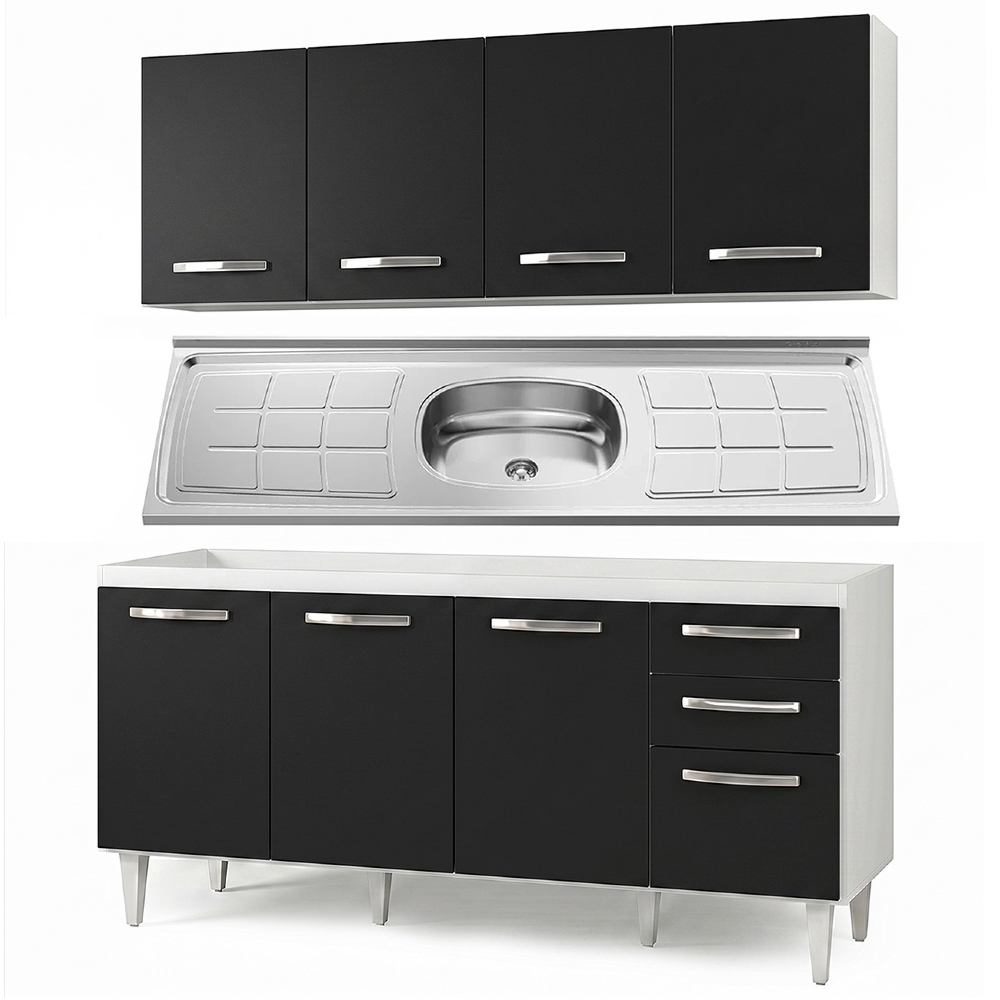 Armário Aéreo Panamá e Balcão Gabinete Áustria com Pia Inox 160cm Branco/Preto - Lumil Móveis