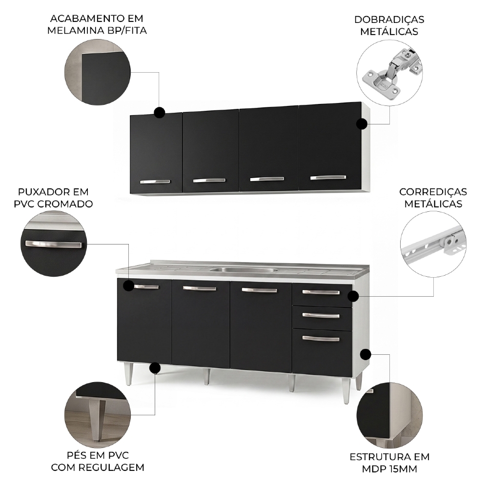 Armário Aéreo Panamá e Balcão Gabinete Áustria com Pia Inox 160cm Branco/Preto - Lumil Móveis