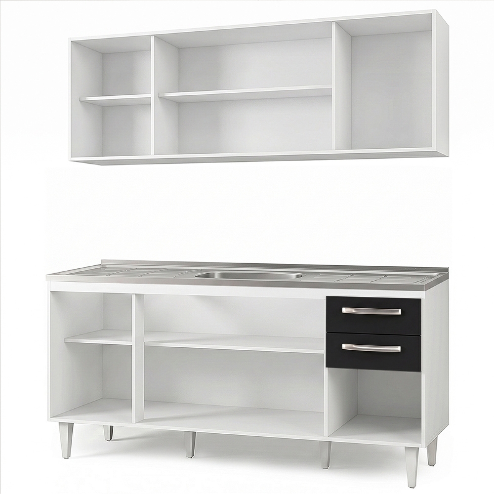 Armário Aéreo Panamá e Balcão Gabinete Áustria com Pia Inox 160cm Branco/Preto - Lumil Móveis