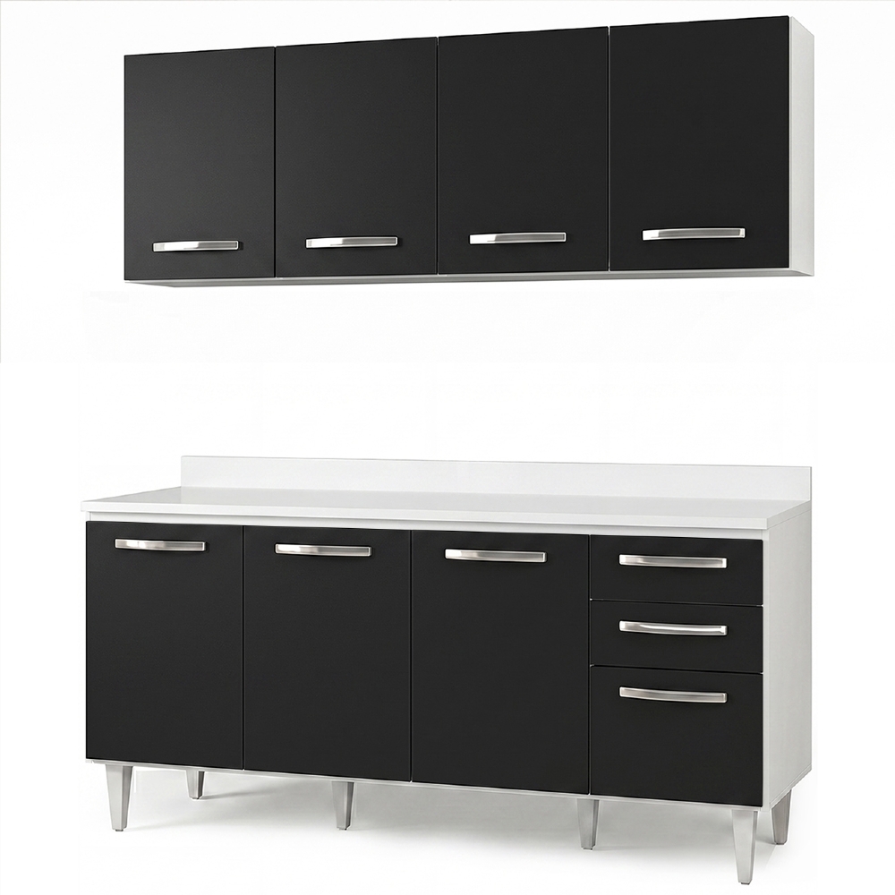 Armário Aéreo Panamá e Balcão Gabinete 160cm com Tampo Áustria Branco/Preto - Lumil