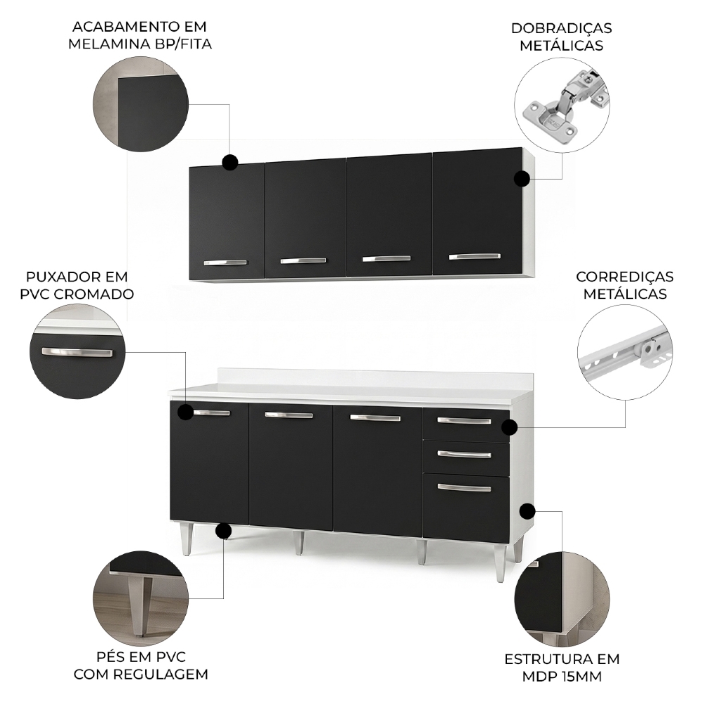 Armário Aéreo Panamá e Balcão Gabinete 160cm com Tampo Áustria Branco/Preto - Lumil