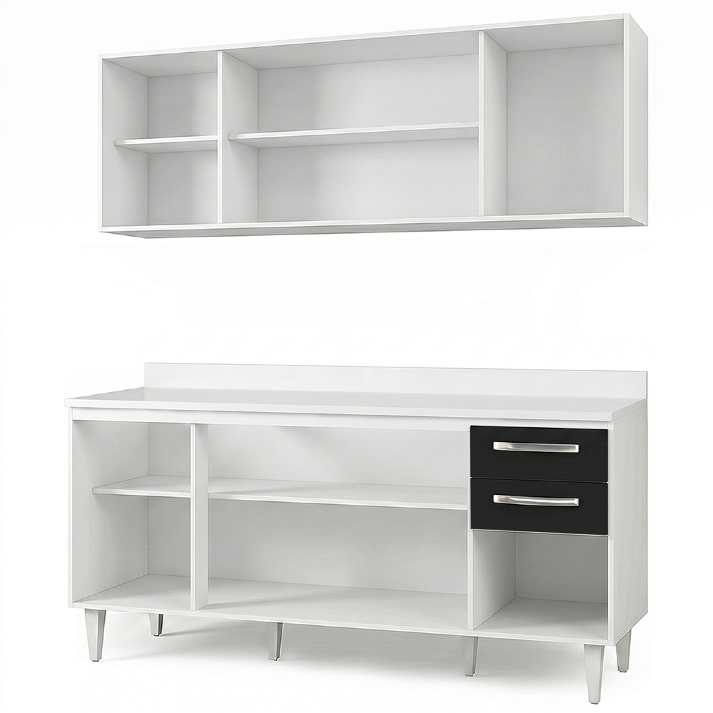 Armário Aéreo Panamá e Balcão Gabinete 160cm com Tampo Áustria Branco/Preto - Lumil