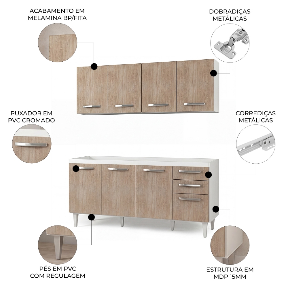 Armário Aéreo Panamá e Balcão Gabinete Para Pia 160cm Áustria Branco/Castanho - Lumil Móveis