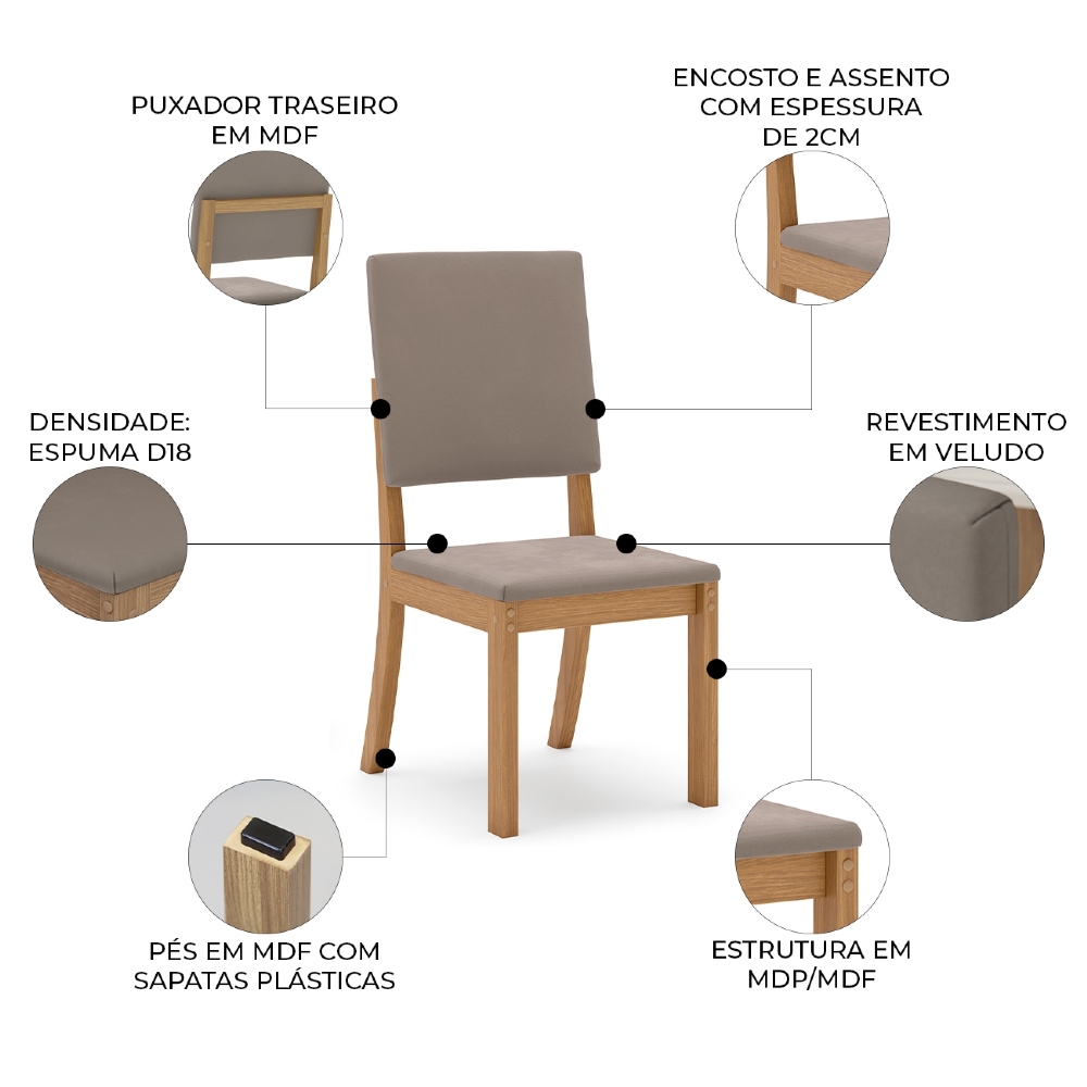 Cadeira Jantar Estofada Pé Madeira Kit 2 Elora Veludo Marrom H02 - Mpozenato