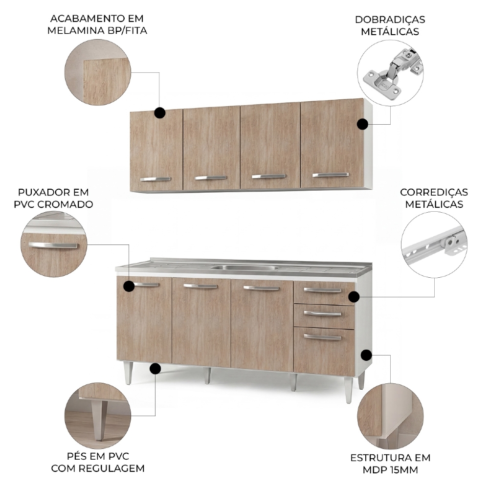 Armário Aéreo Panamá e Balcão Gabinete Áustria com Pia Inox 160cm Branco/Castanho - Lumil Móveis