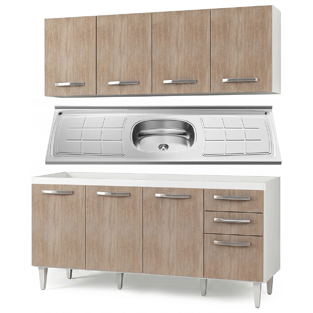 Armário Aéreo Panamá e Balcão Gabinete Áustria com Pia Inox 160cm Branco/Castanho - Lumil Móveis