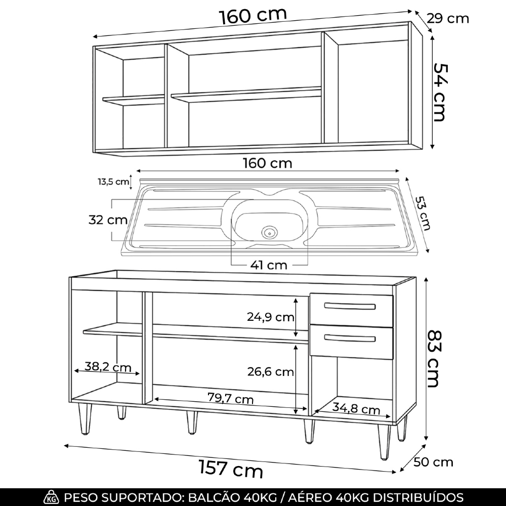 Armário Aéreo Panamá e Balcão Gabinete Áustria com Pia Inox 160cm Branco/Castanho - Lumil Móveis