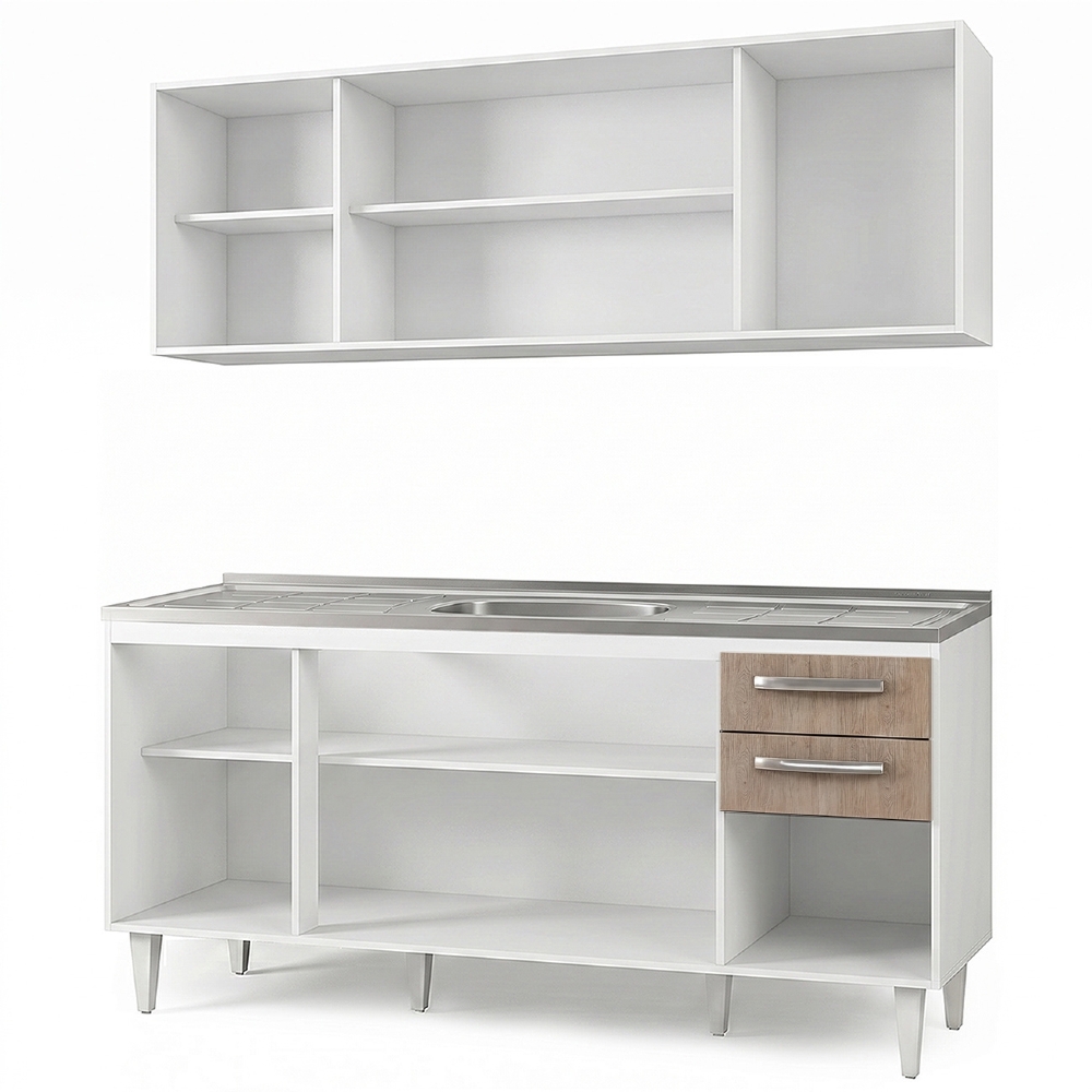 Armário Aéreo Panamá e Balcão Gabinete Áustria com Pia Inox 160cm Branco/Castanho - Lumil Móveis