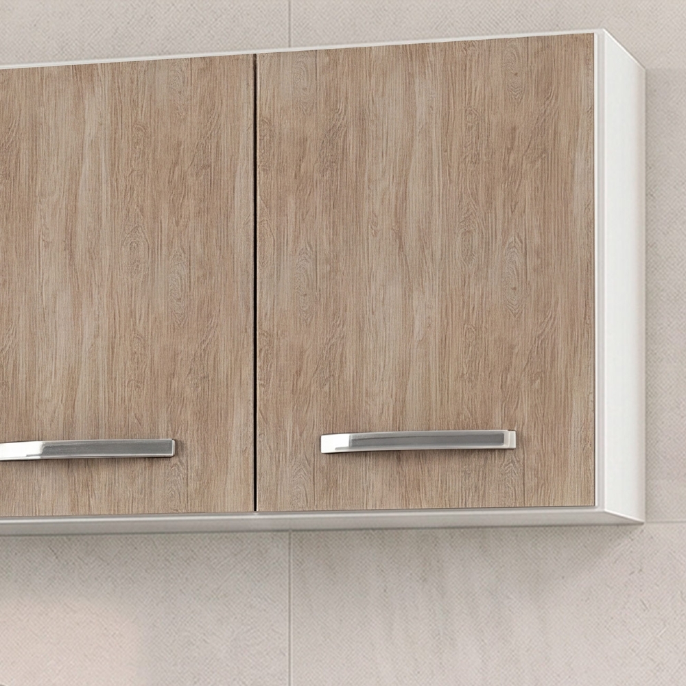 Armário Aéreo Panamá e Balcão Gabinete Áustria com Pia Inox 160cm Branco/Castanho - Lumil Móveis