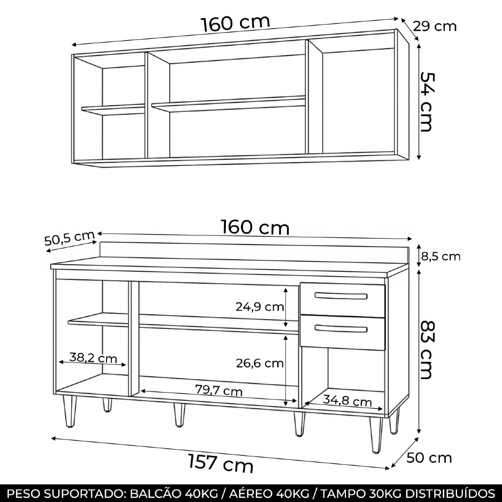 Armário Aéreo Panamá e Balcão Gabinete 160cm com Tampo Áustria Branco/Castanho - Lumil