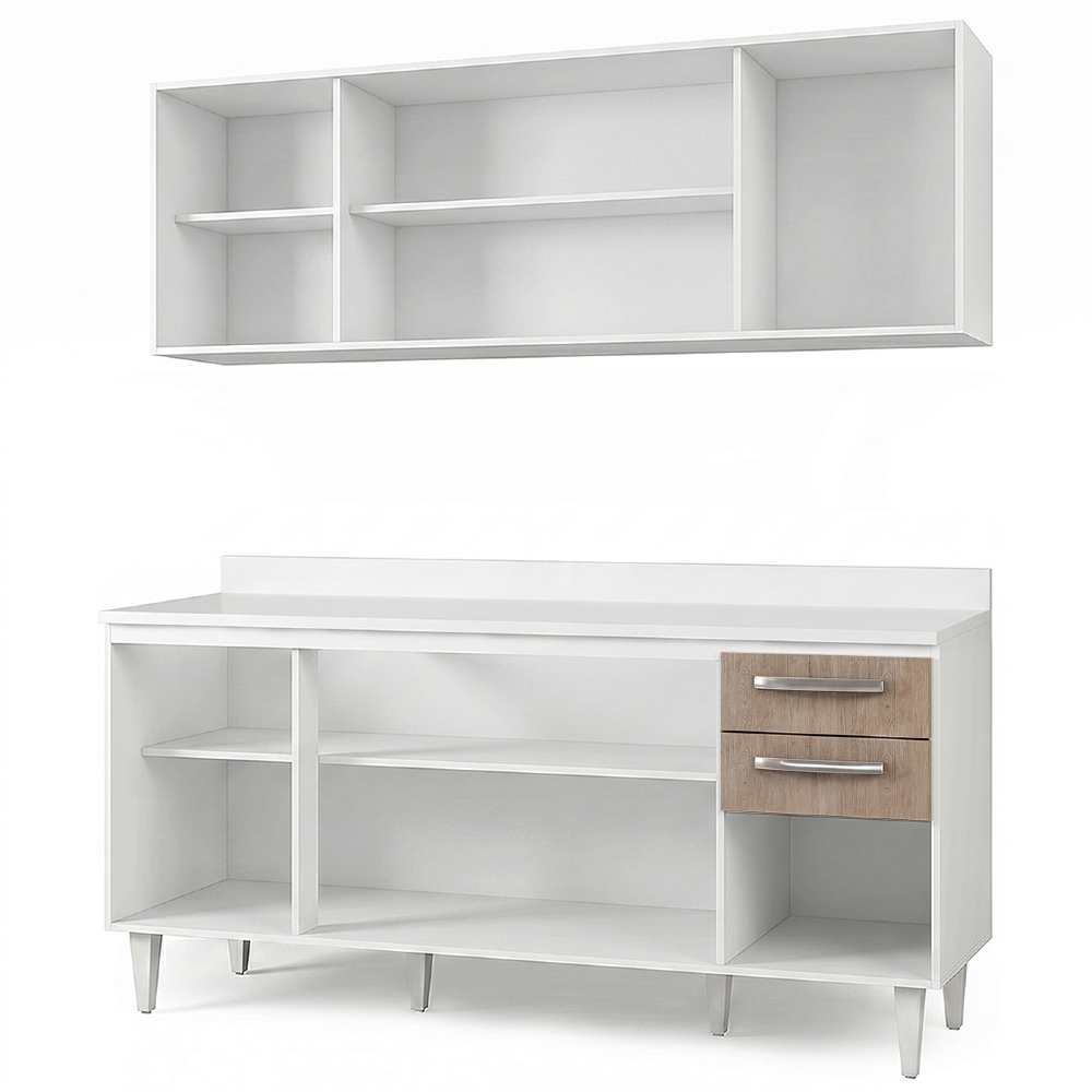 Armário Aéreo Panamá e Balcão Gabinete 160cm com Tampo Áustria Branco/Castanho - Lumil