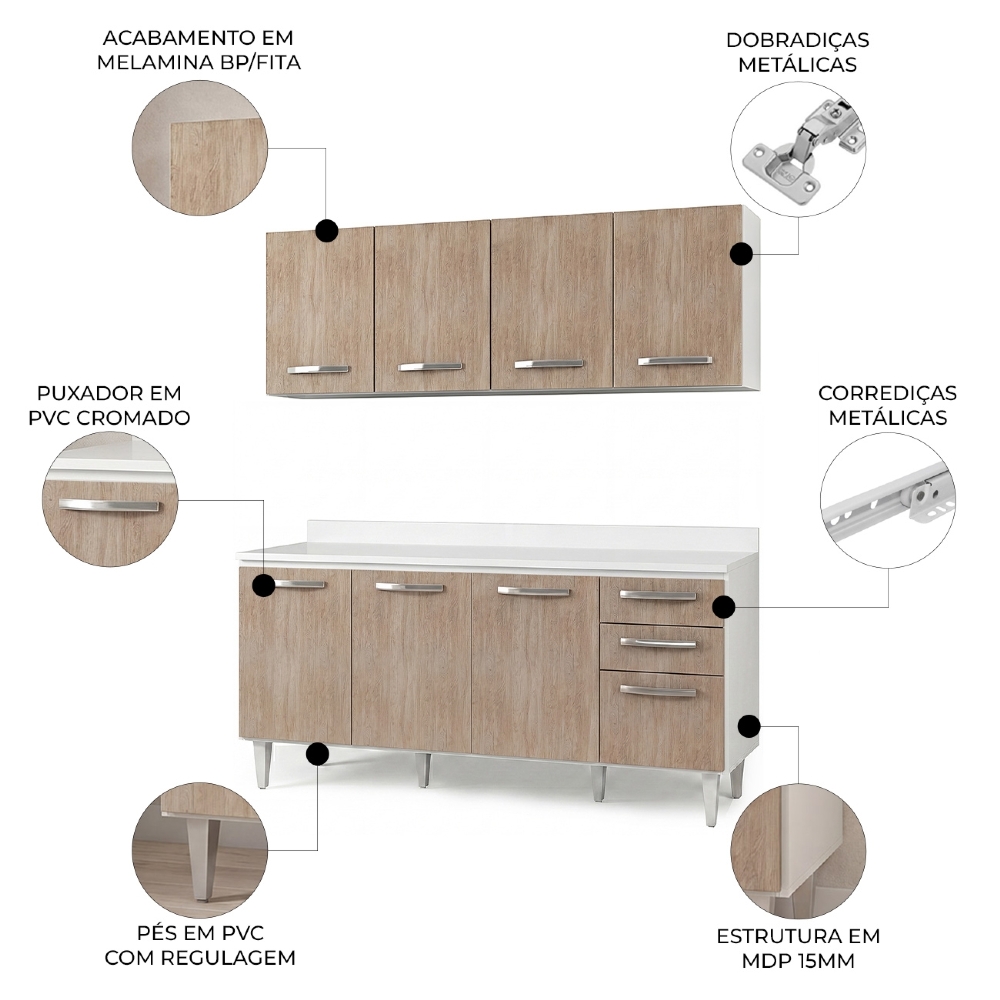 Armário Aéreo Panamá e Balcão Gabinete 160cm com Tampo Áustria Branco/Castanho - Lumil