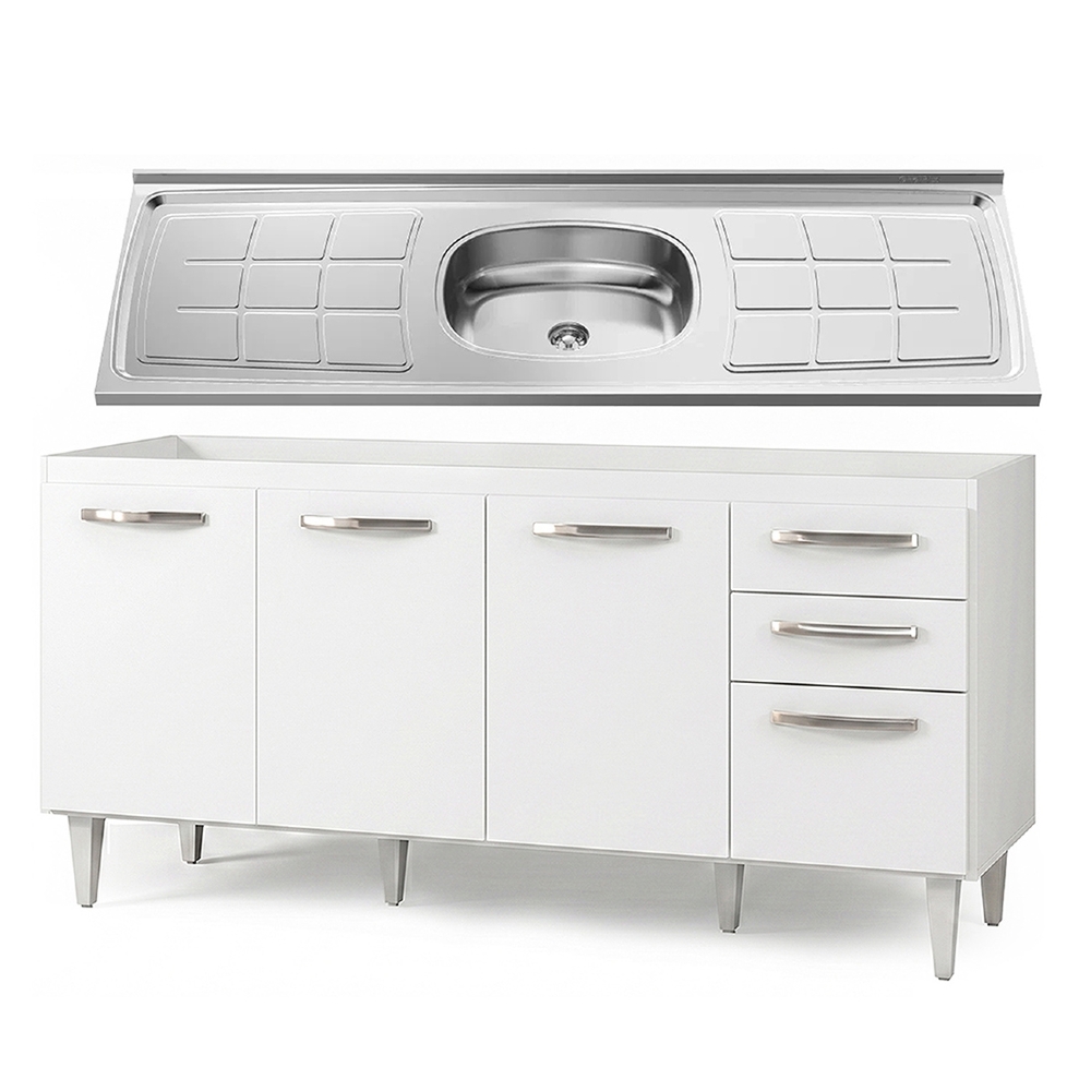 Balcão Gabinete Áustria com Pia Inox 160cm 4 Portas Branco - Lumil Móveis