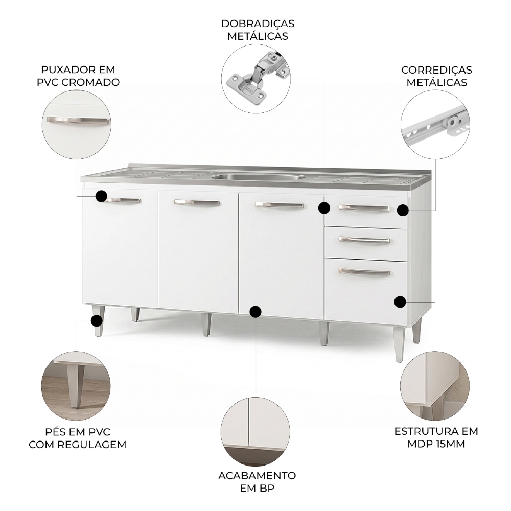 Balcão Gabinete Áustria com Pia Inox 160cm 4 Portas Branco - Lumil Móveis