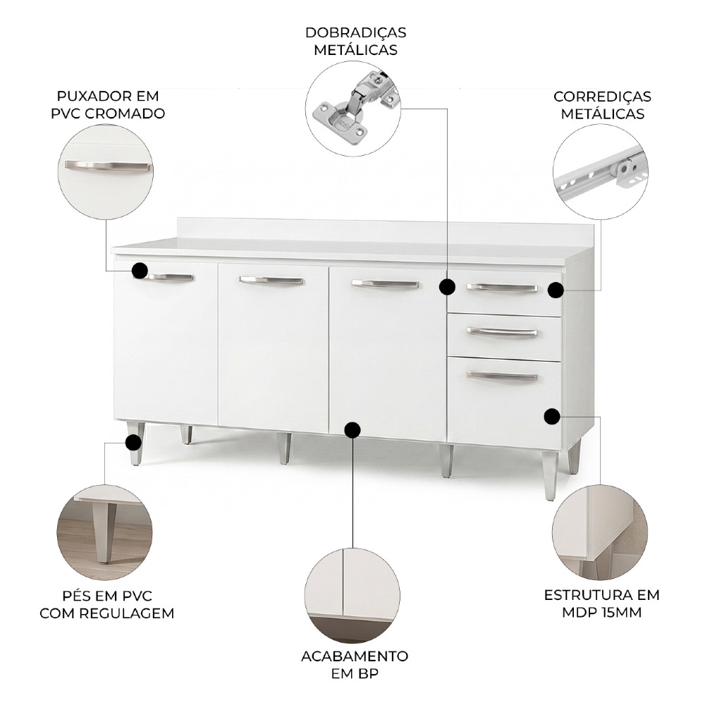 Balcão Gabinete 160cm com Tampo Áustria Branco - Lumil
