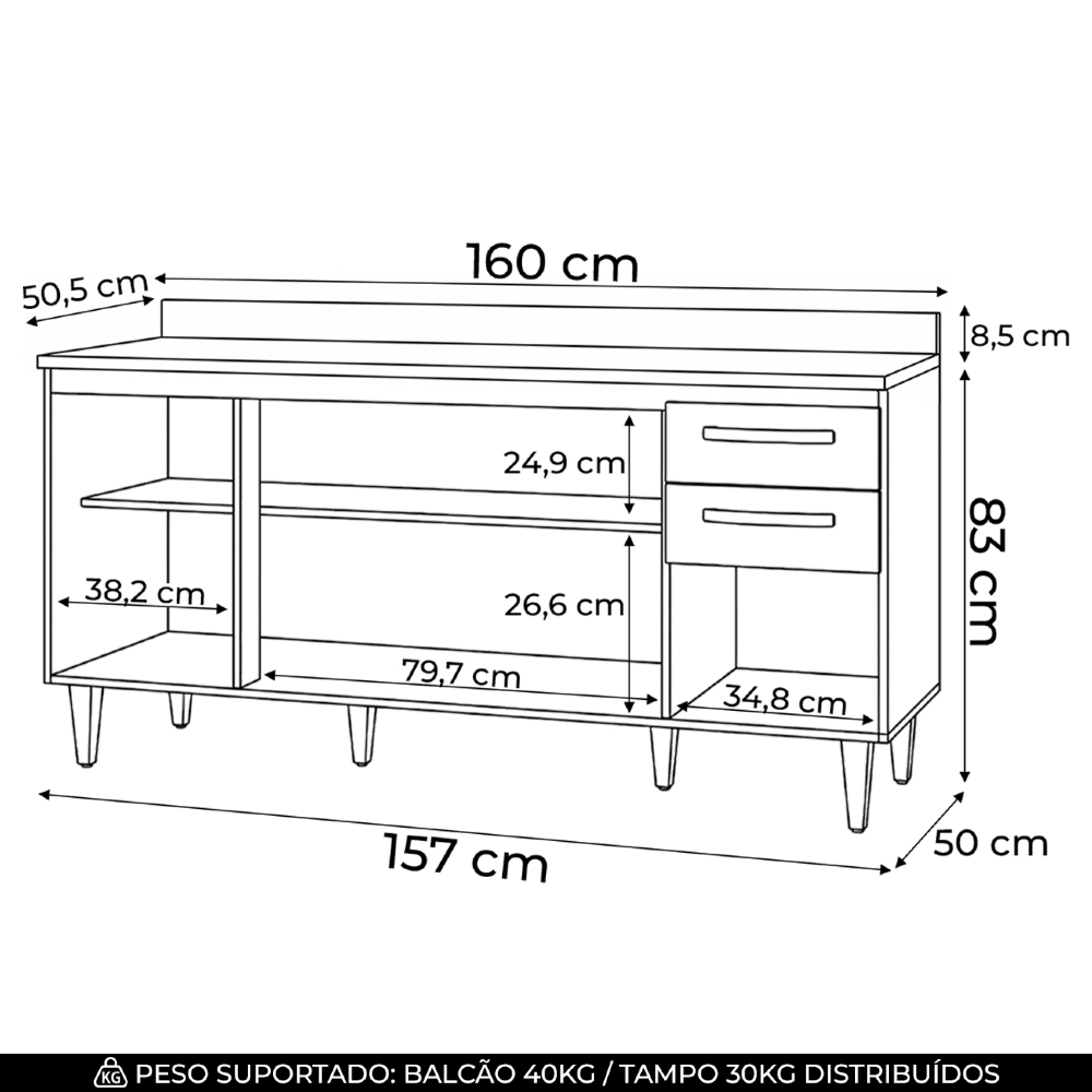 Balcão Gabinete 160cm com Tampo Áustria Branco - Lumil