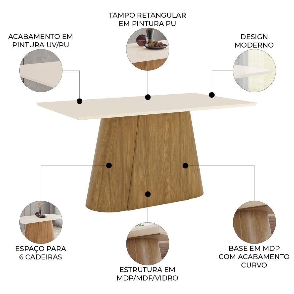 Mesa de Jantar 6 Lugares 160cm Valt Nature/Off H02 - Mpozenato