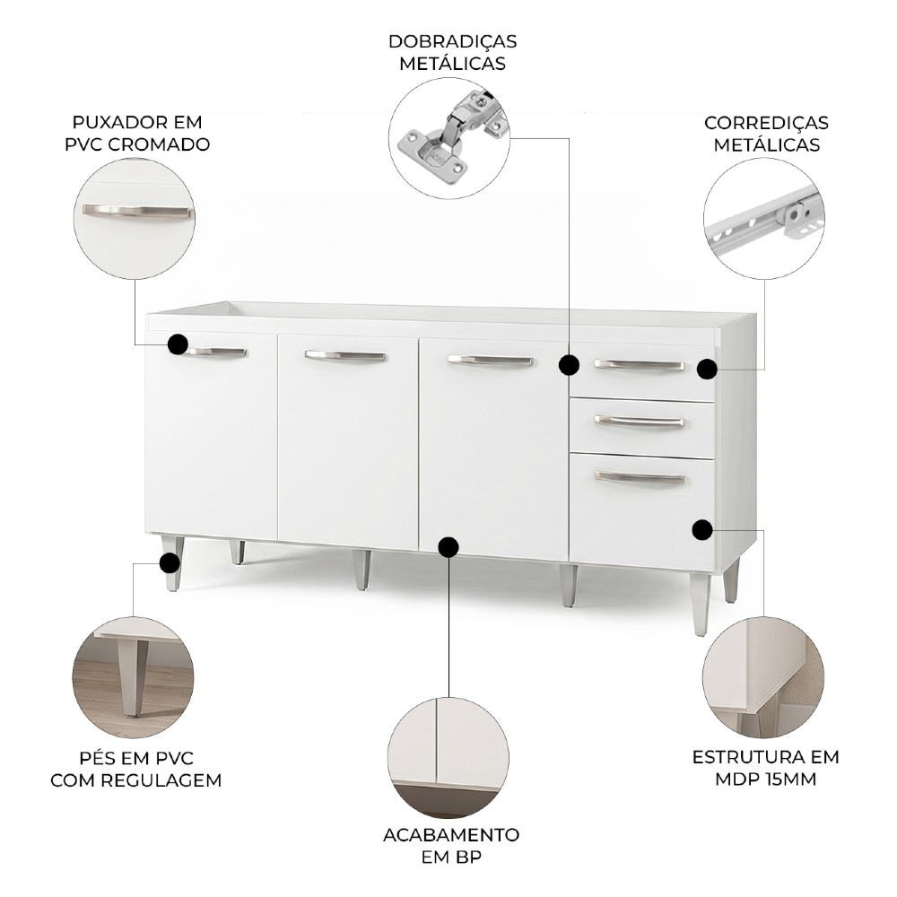Balcão Gabinete Áustria 160cm sem Tampo 4 Portas 2 Gavetas Branco - Lumil Móveis