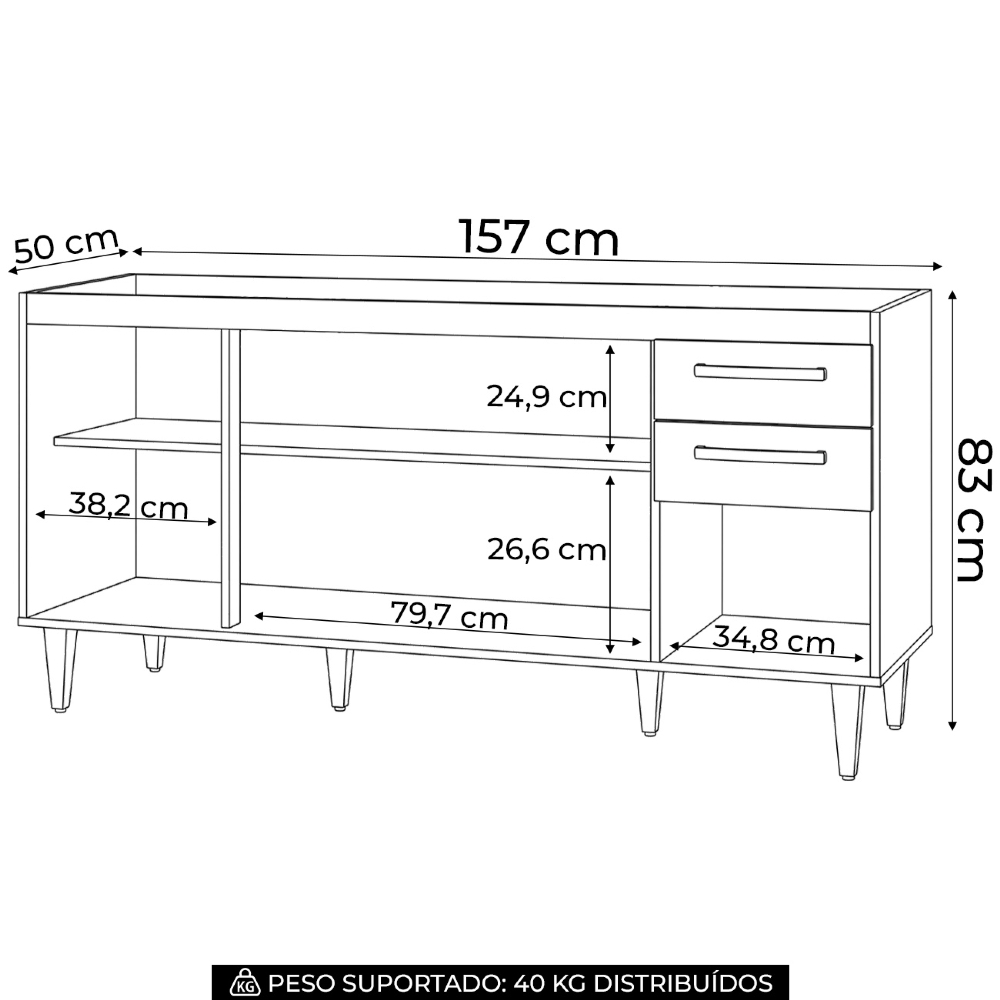 Balcão Gabinete Áustria 160cm sem Tampo 4 Portas 2 Gavetas Branco - Lumil Móveis