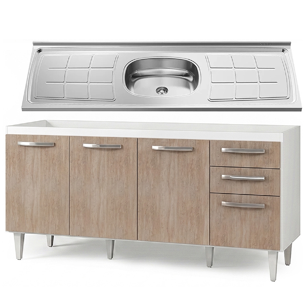 Balcão Gabinete Áustria com Pia Inox 160cm 4 Portas Branco/Castanho - Lumil Móveis