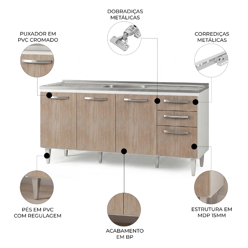 Balcão Gabinete Áustria com Pia Inox 160cm 4 Portas Branco/Castanho - Lumil Móveis