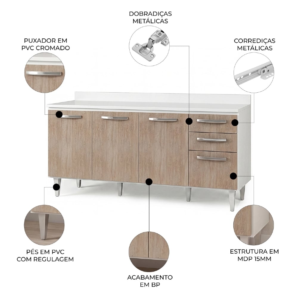 Balcão Gabinete 160cm com Tampo Áustria Branco/Castanho - Lumil