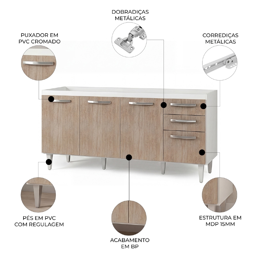 Balcão Gabinete Para Pia 160cm Áustria sem Tampo 4 Portas 2 Gavetas Branco/Castanho - Lumil Móveis