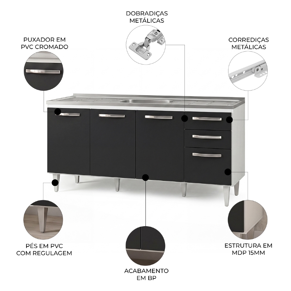 Balcão Gabinete Áustria com Pia Inox 160cm 4 Portas Branco/Preto - Lumil Móveis