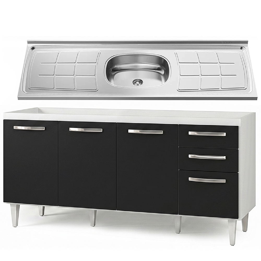 Balcão Gabinete Áustria com Pia Inox 160cm 4 Portas Branco/Preto - Lumil Móveis