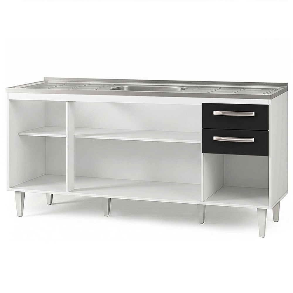 Balcão Gabinete Áustria com Pia Inox 160cm 4 Portas Branco/Preto - Lumil Móveis
