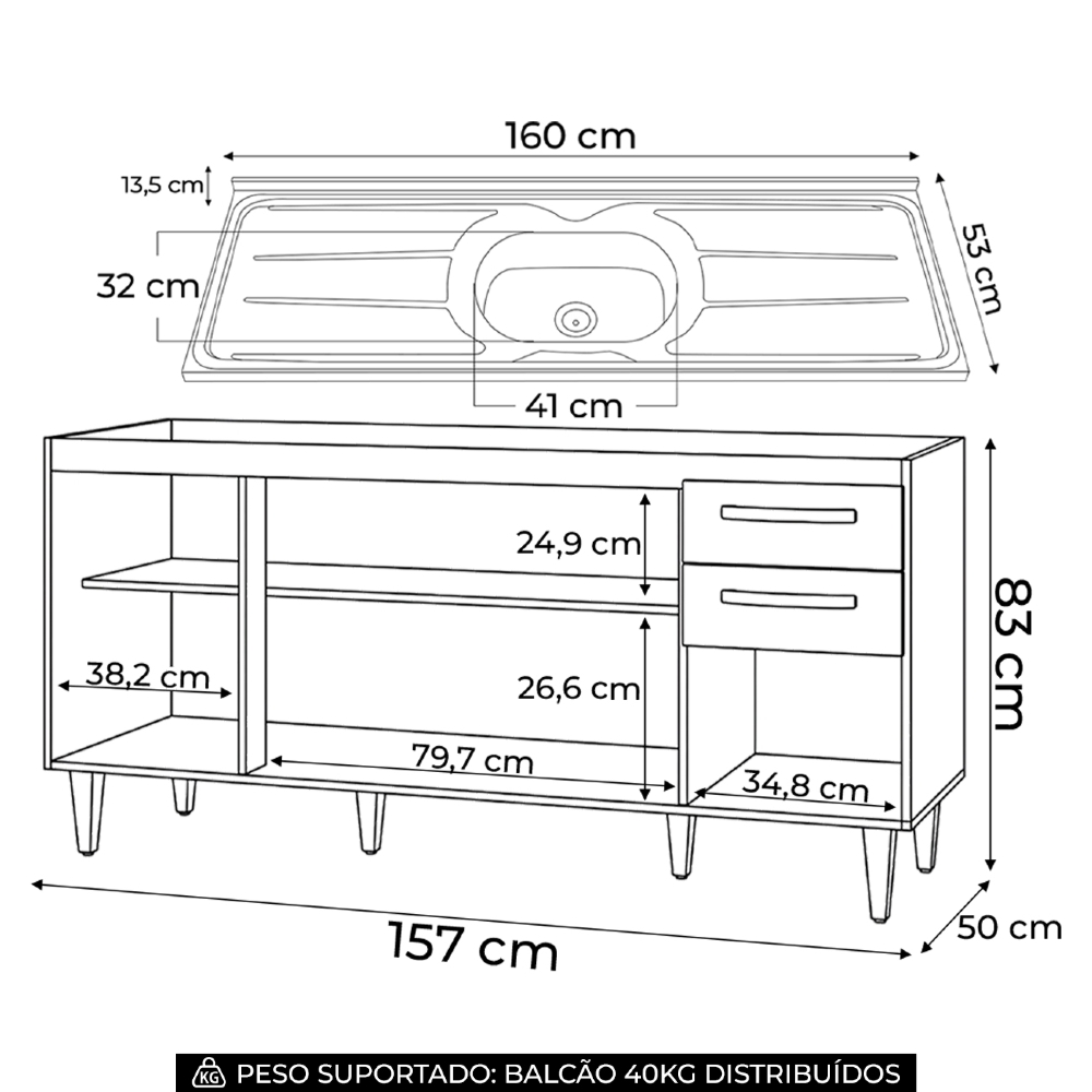 Balcão Gabinete Áustria com Pia Inox 160cm 4 Portas Branco/Preto - Lumil Móveis
